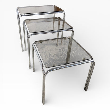 Mid Century Smoked Glass & Tubular Chrome Nest of Tables