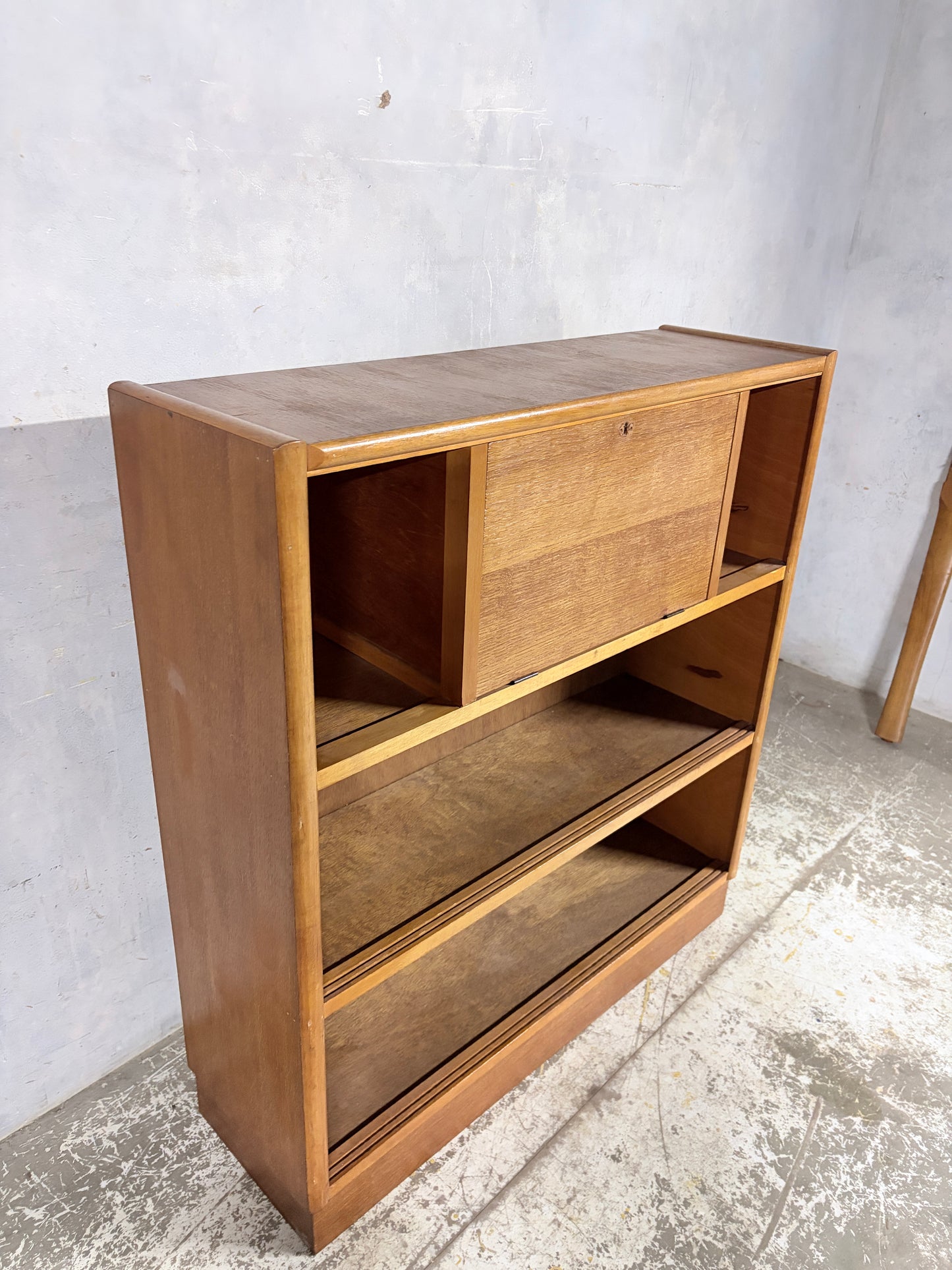 Nathan Oak Drop-Down Bureau Desk Cabinet with Sliding Glass Doors – Mid Century