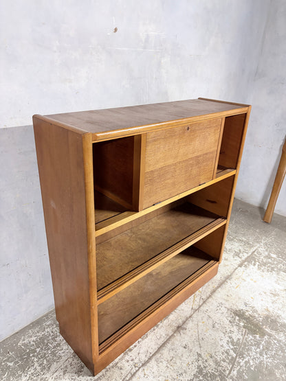 Nathan Oak Drop-Down Bureau Desk Cabinet with Sliding Glass Doors – Mid Century
