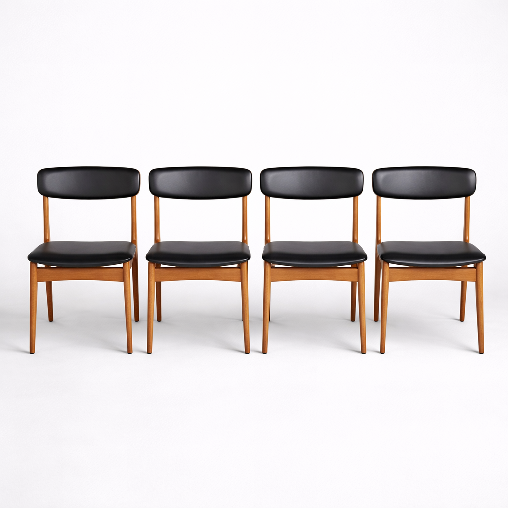 Mid Century Danish Teak Dining Chairs – Set of 4 Black Vinyl Seats