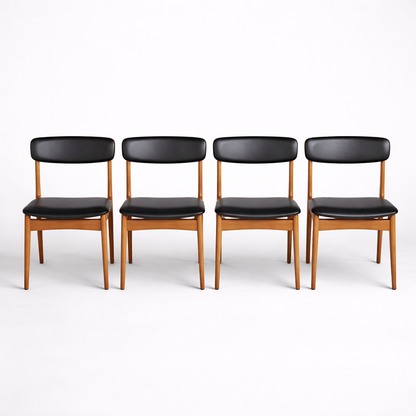 Mid Century Danish Teak Dining Chairs – Set of 4 Black Vinyl Seats
