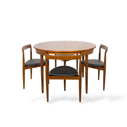 Hans Olsen Frem Røjle Teak Dining Set | Danish Mid Century Round Extending Table & 4 Tri-Leg Chairs
