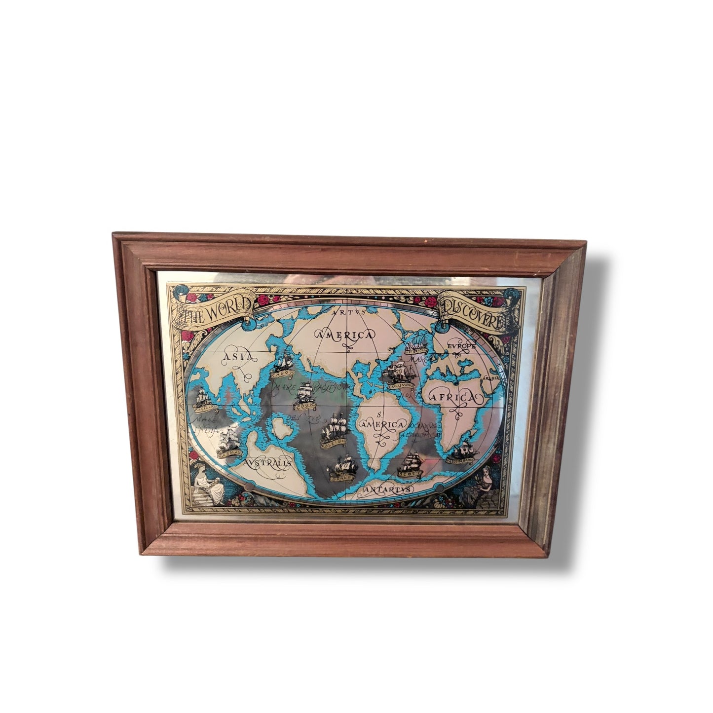 Vintage World Map Mirror in Solid Wood Frame