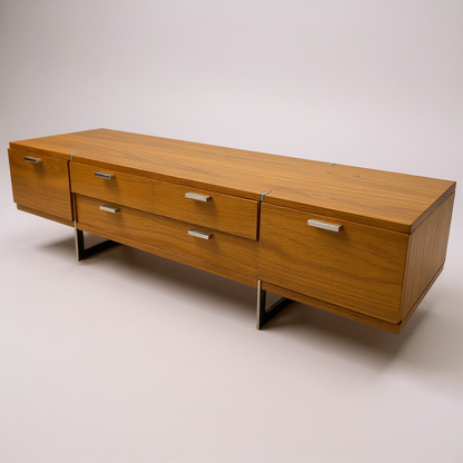 Mid Century Modern Low Walnut Sideboard | Chrome Base & Handles | Vintage Media Console Credenza | Retro Storage Cabinet
