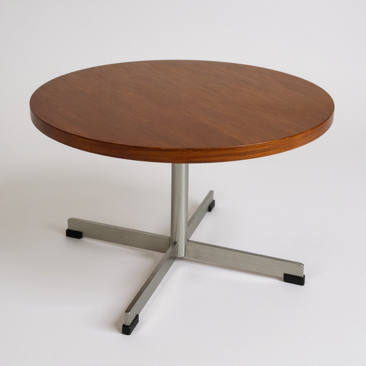 Danish Mid Century Round Coffee Table | Teak & Chrome Cross Base