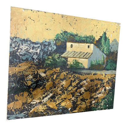 Vintage Textured Landscape Painting – Rustic House Scene, Impasto Wall Art