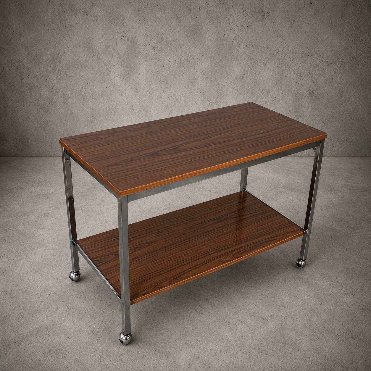 Mid Century Walnut & Chrome Drinks Trolley on Castors