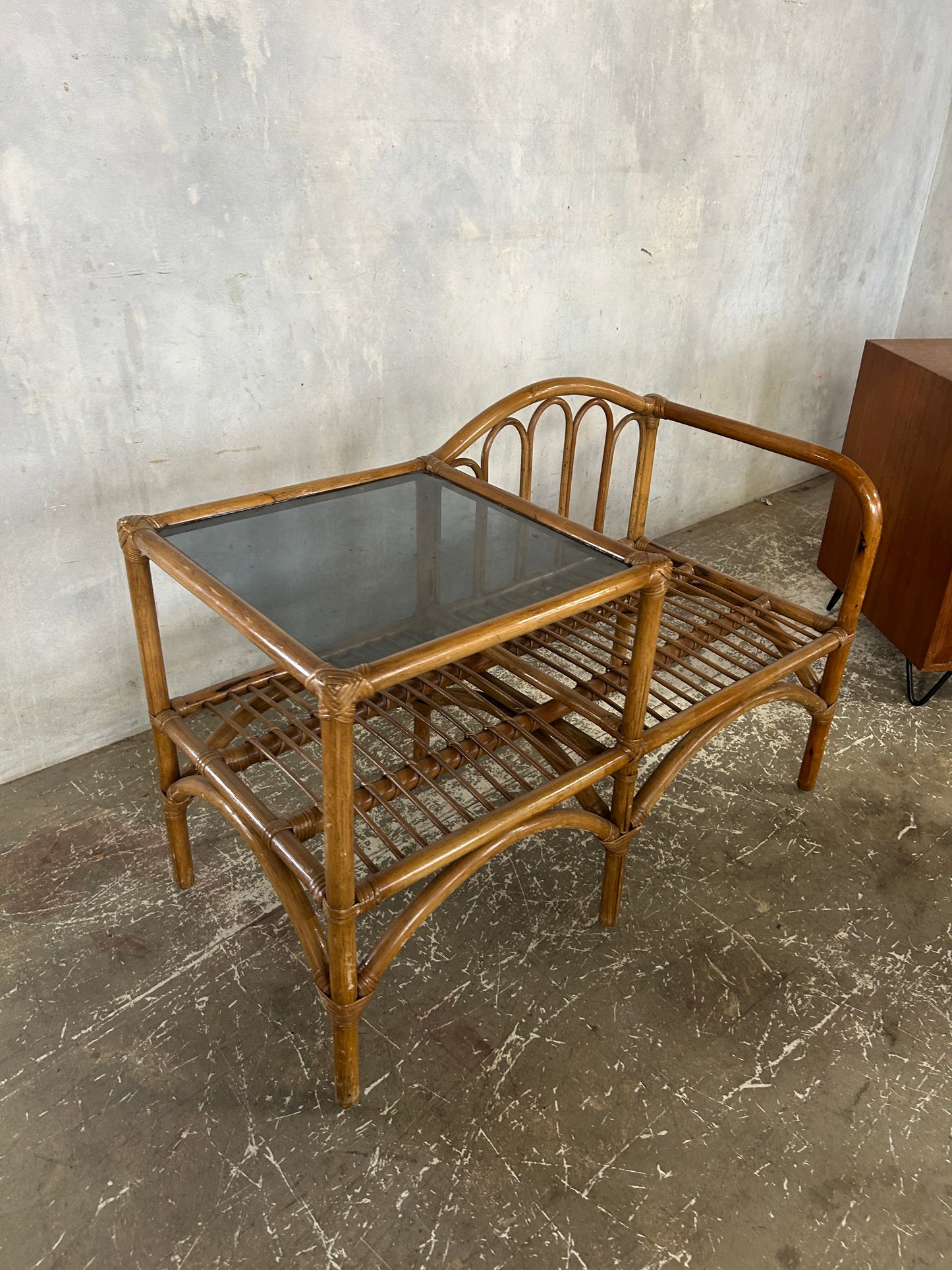 Vintage Bamboo Telephone Table with Smoked Glass Top | Boho Mid Century Rattan Hallway Seat