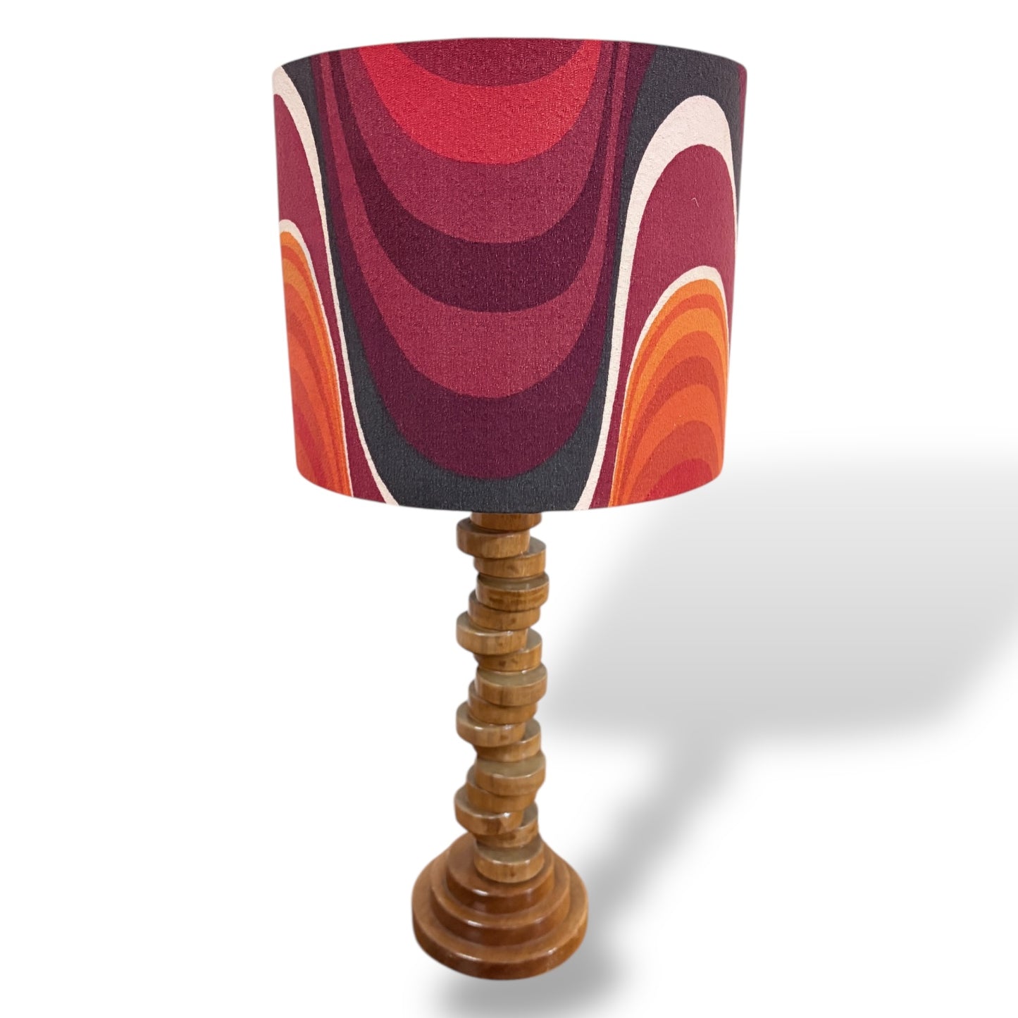 Vintage Teak Wood Tower Lamp with Barbara Brown Frequency Shade for Heals by Lightfandango