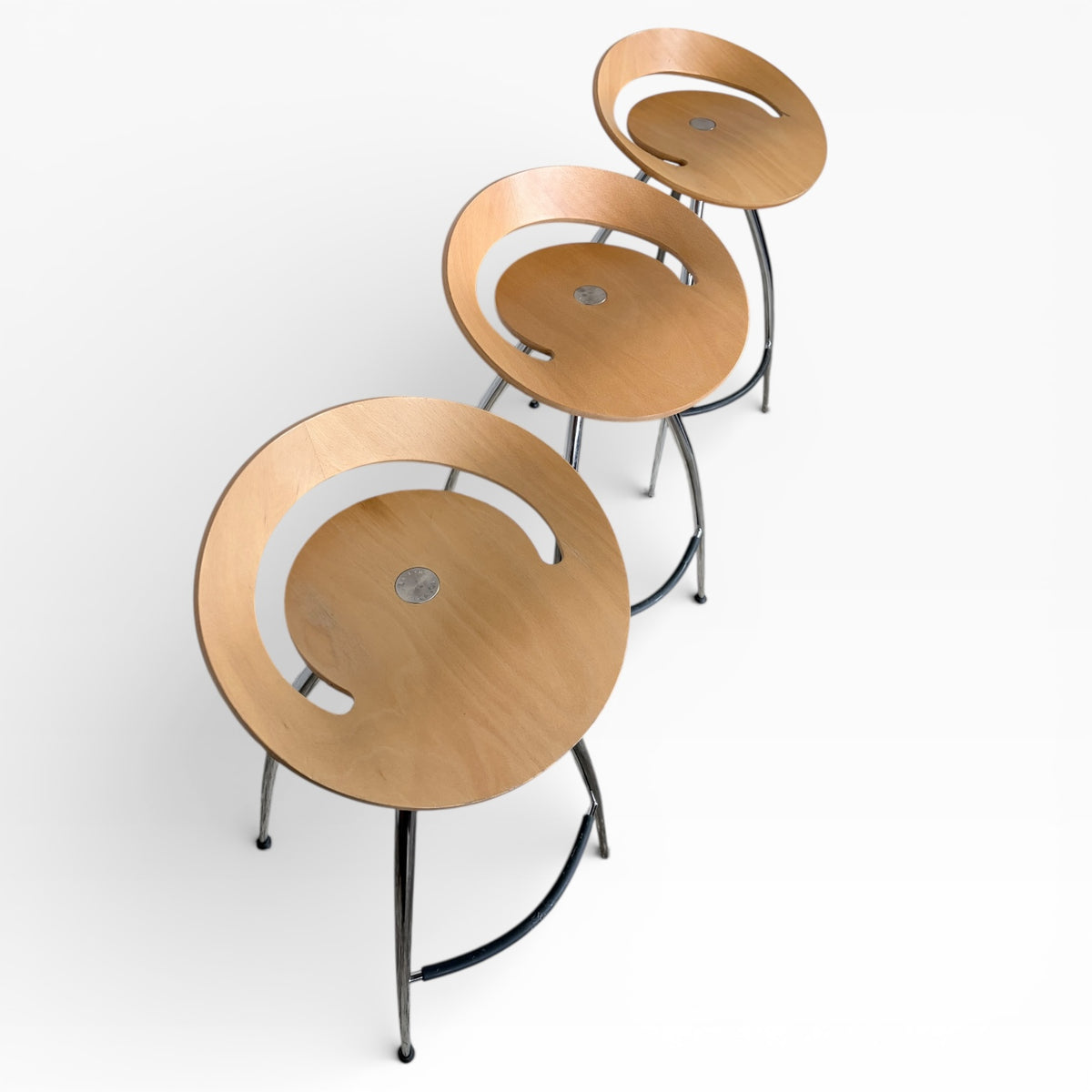 Mid Century Bar Stools – Magis Lyra Italian Chrome & Beech Wood Set of Three