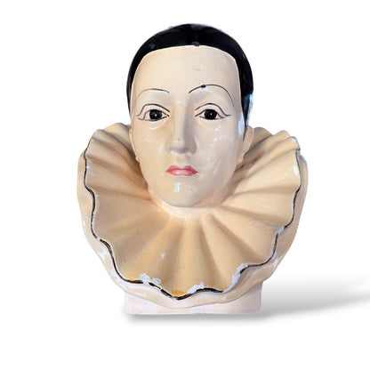 Pierrot Plaster Bust – Hand-Painted Vintage Art Statue With Aged Finish