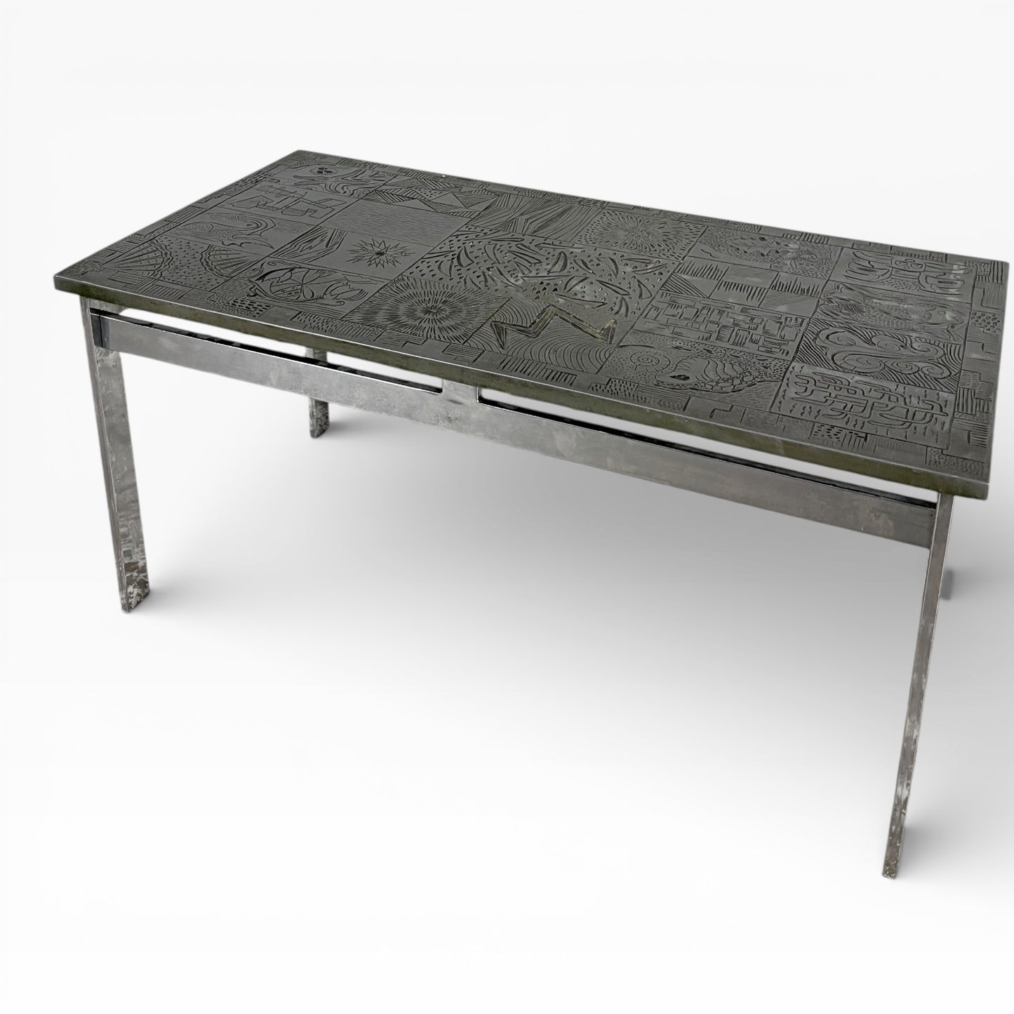 Mid Century Carved Copper & Chrome Abstract Tile Coffee Table — view 2