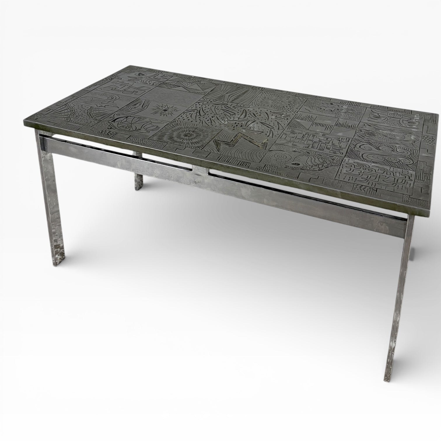 Mid Century Carved Copper & Chrome Abstract Tile Coffee Table — view 2