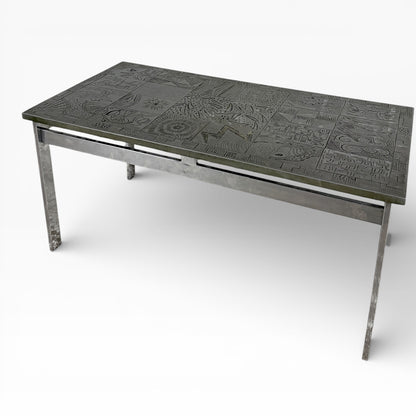 Mid Century Carved Copper & Chrome Abstract Tile Coffee Table — view 2