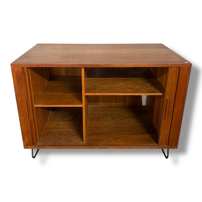 Mid Century Danish Teak Tambour Cabinet on Hairpin Legs | Vintage Sideboard Storage
