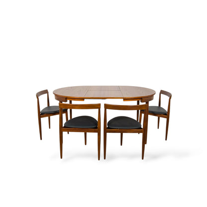 Hans Olsen Frem Røjle Teak Dining Set | Danish Mid Century Round Extending Table & 4 Tri-Leg Chairs