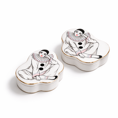 Vintage Pierrot Clown Porcelain Trinket Boxes – Pair