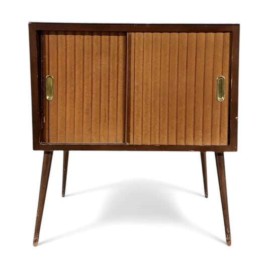 Mid-Century Record Cabinet – Vintage Media Cabinet with Tambour Door & Walnut Finish