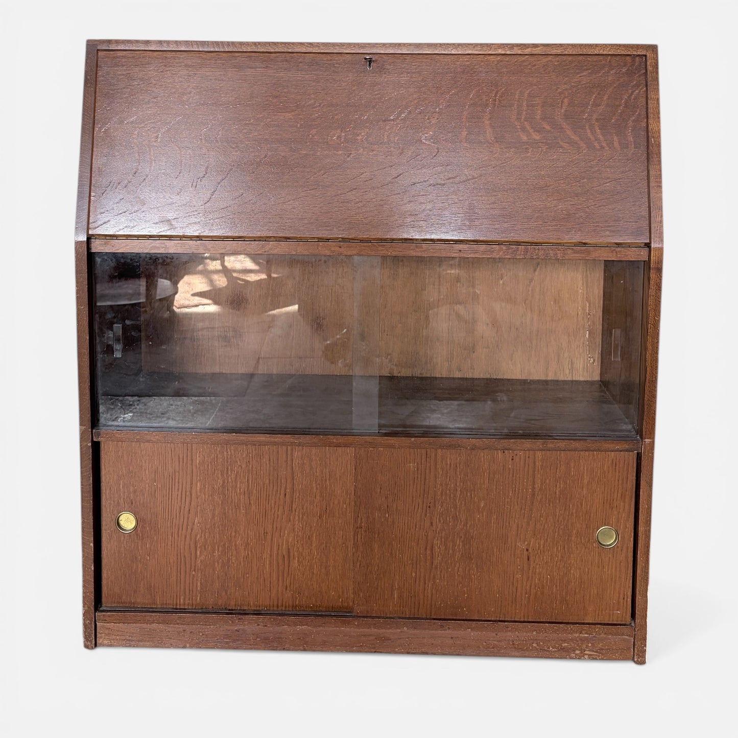 Vintage Mid Century Oak Bureau Cabinet with Sliding Doors