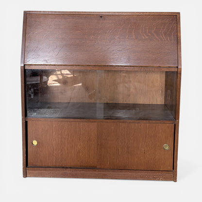 Vintage Mid Century Oak Bureau Cabinet with Sliding Doors