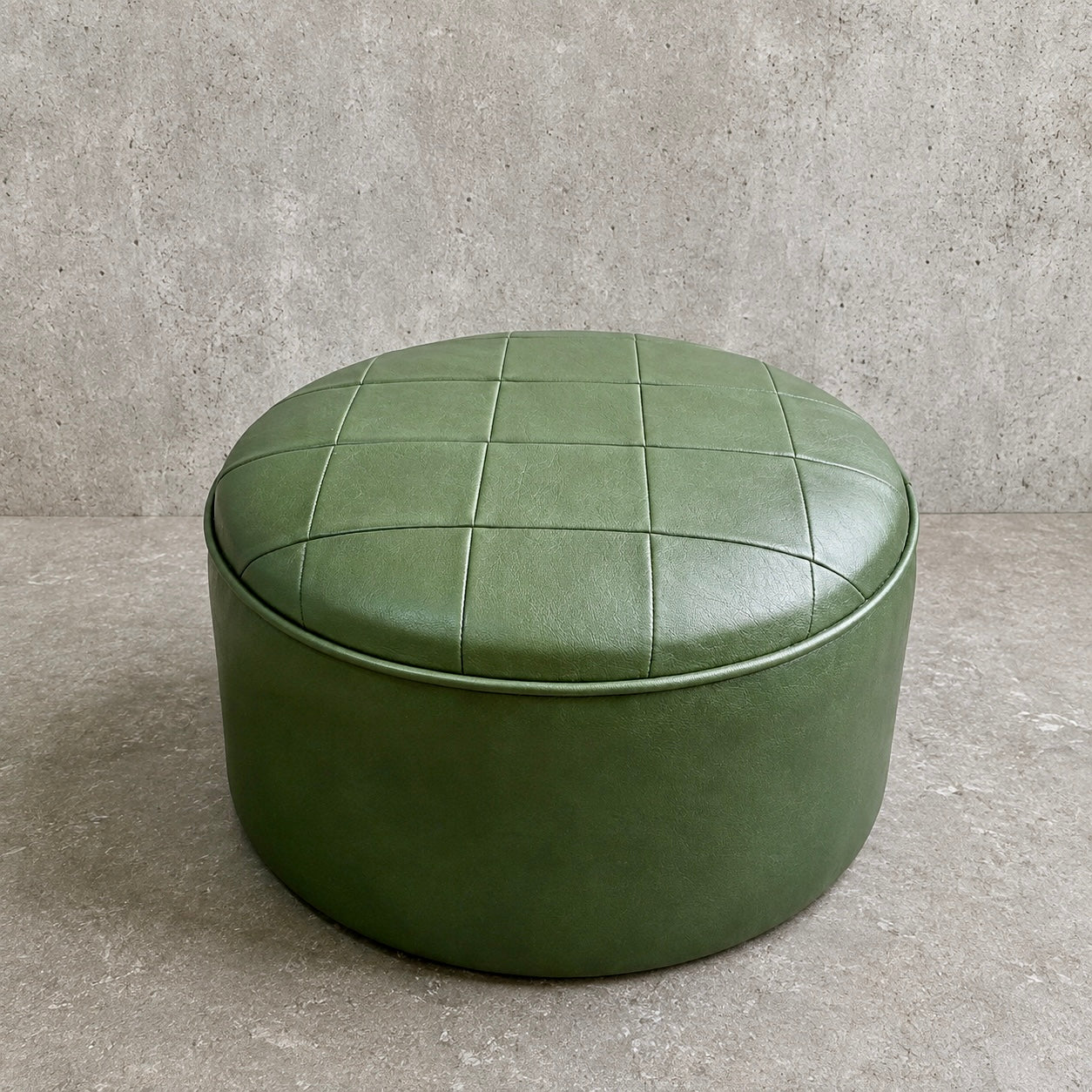 Vintage Mid Century Green Leatherette Pouffe | Round Footstool Ottoman