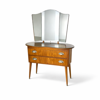 Vintage Walnut Dressing Table with Tri-Fold Mirror