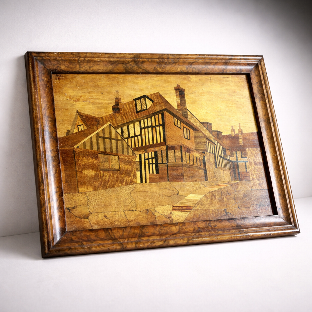 Antique Architectural Wood Marquetry Panel with Walnut Frame