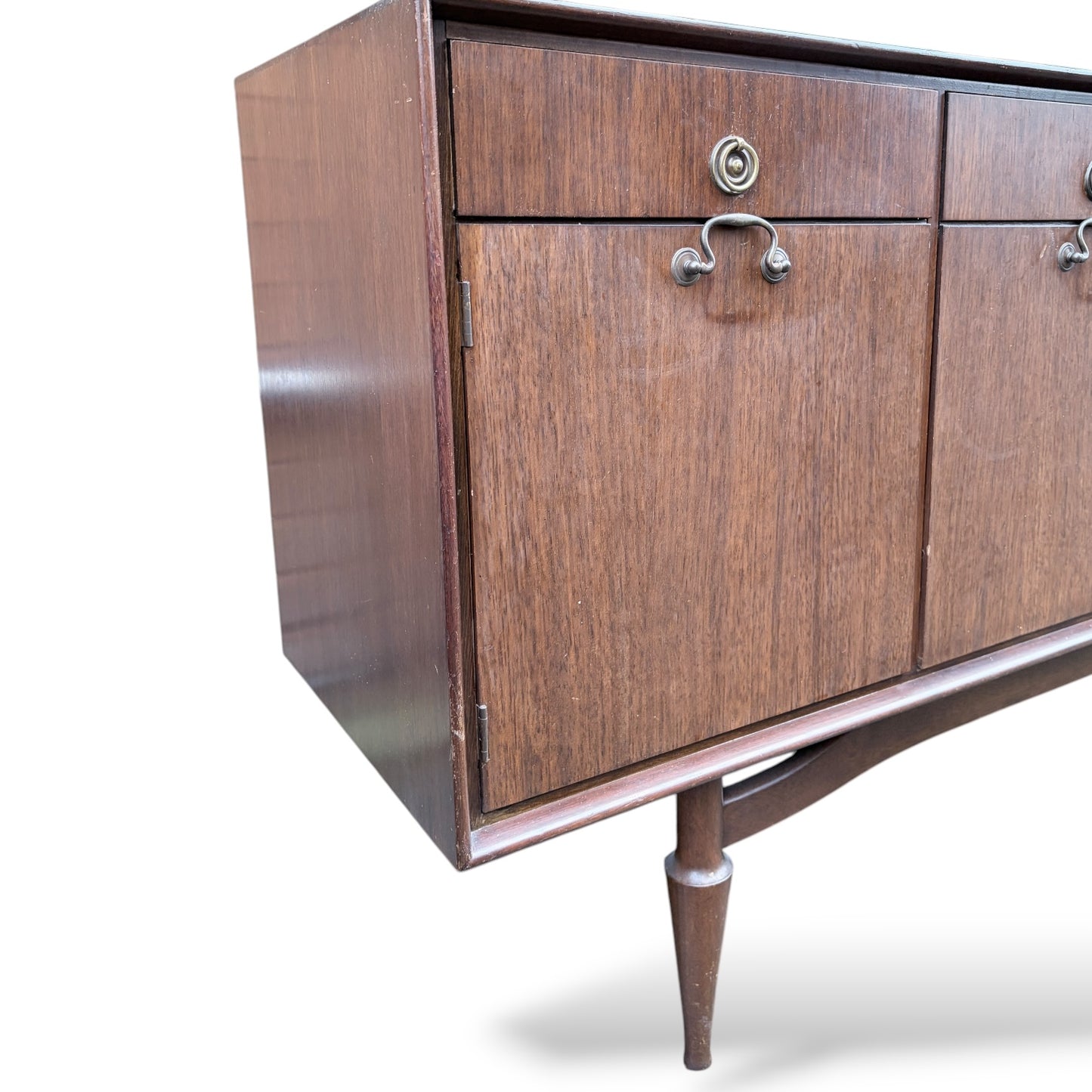 Mid-Century Sideboard - Wooden Vintage Storage With Brass Handles & Tapered Legs