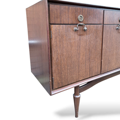 Mid-Century Sideboard - Wooden Vintage Storage With Brass Handles & Tapered Legs
