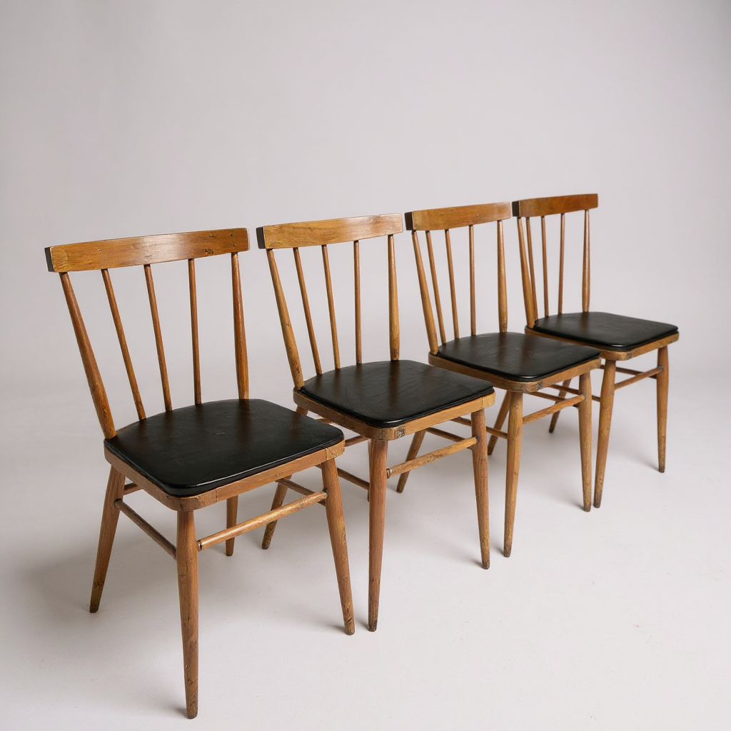 Set of 4 Vintage Stick Back Dining Chairs | Mid-Century Kitchen Chairs with Black Vinyl Seats