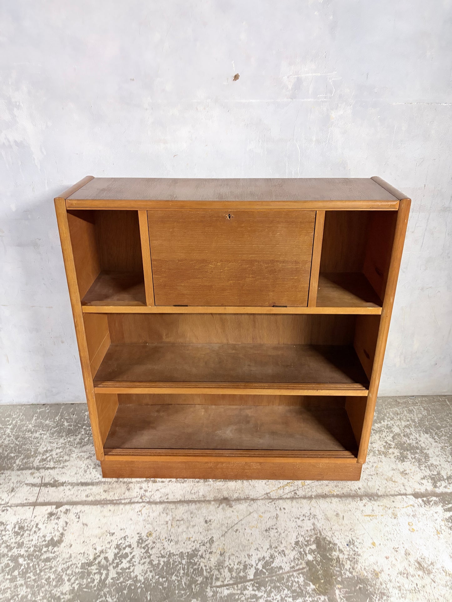 Nathan Oak Drop-Down Bureau Desk Cabinet with Sliding Glass Doors – Mid Century