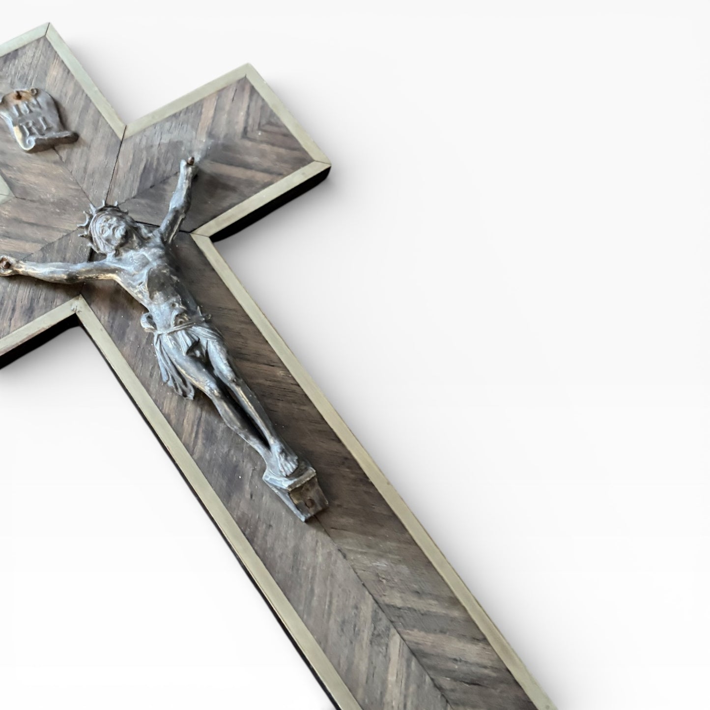 1970s Brass & Oak Crucifix | Vintage Religious Wall Cross