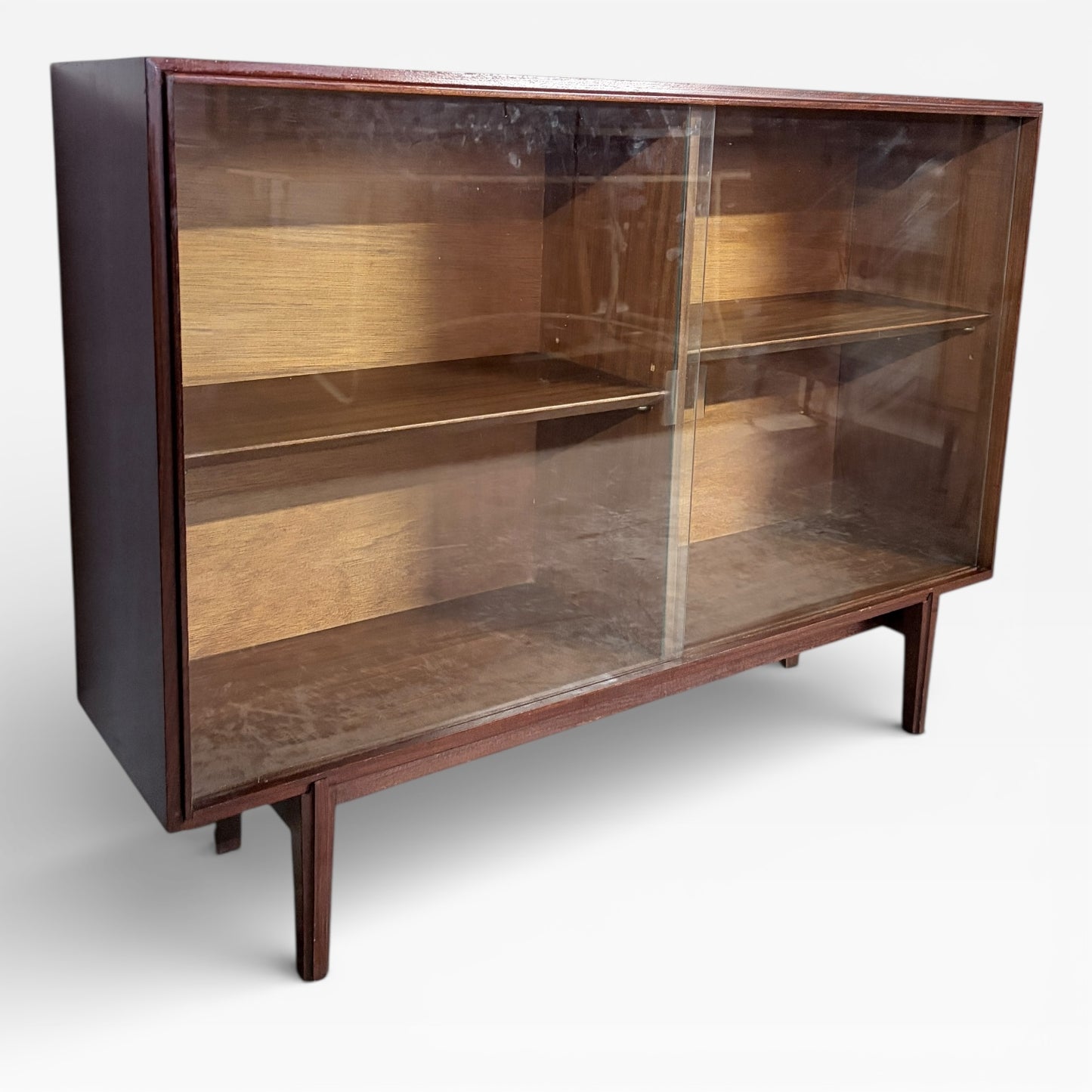 Beaver & Tapley Sliding Glass Bookcase by Richard Hornby Mid Century Teak Display Cabinet