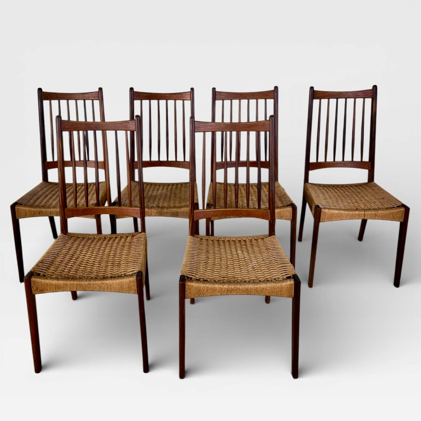 Arne Hovmand-Olsen MK200 Dining Chairs Set of 6 Danish Mid Century Teak & Paper Cord Chairs