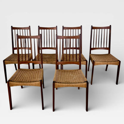Arne Hovmand-Olsen MK200 Dining Chairs Set of 6 Danish Mid Century Teak & Paper Cord Chairs