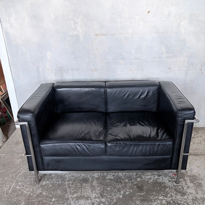 Mid Century Black Leather & Chrome Two Seater Sofa | Le Corbusier LC2 Style