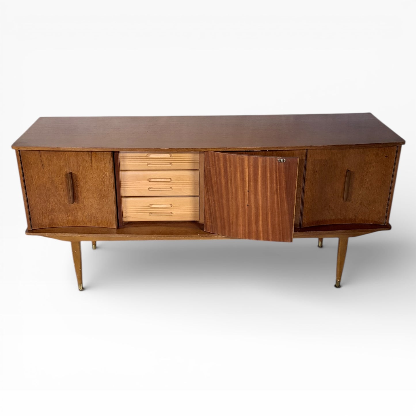 Mid Century Teak Sideboard – Curved Front, Brass Feet | Vintage 1960s Storage Unit