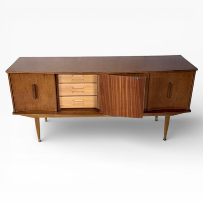 Mid Century Teak Sideboard – Curved Front, Brass Feet | Vintage 1960s Storage Unit