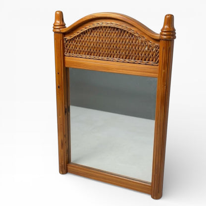 Antique Farmhouse Mirror – Large English Pine Rustic Wall Mirror with Arched Wicker Panel