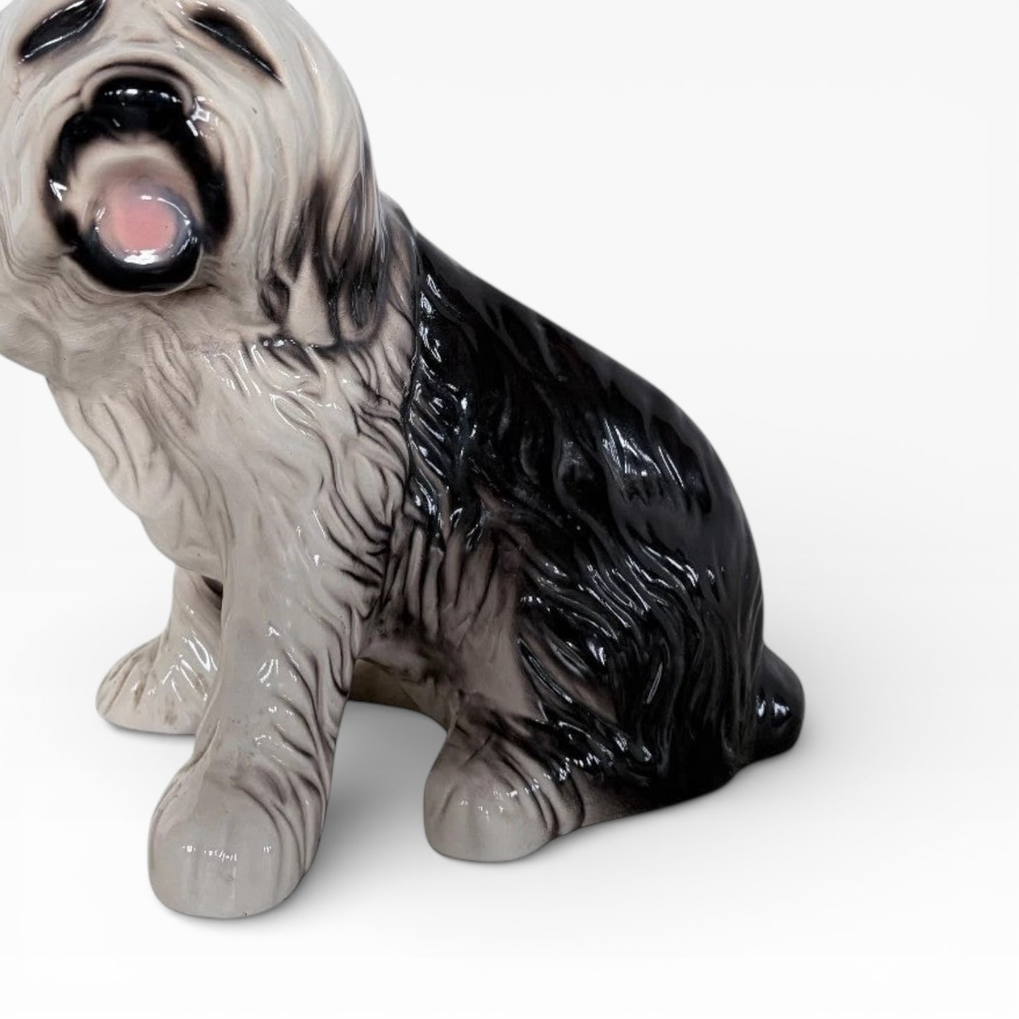Large Vintage Old English Sheepdog Ceramic Statue – Mid-Century Black & White Glazed Dog Sculpture