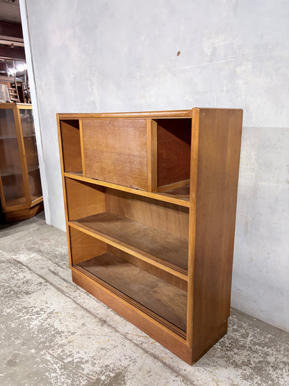 Nathan Oak Drop-Down Bureau Desk Cabinet with Sliding Glass Doors – Mid Century