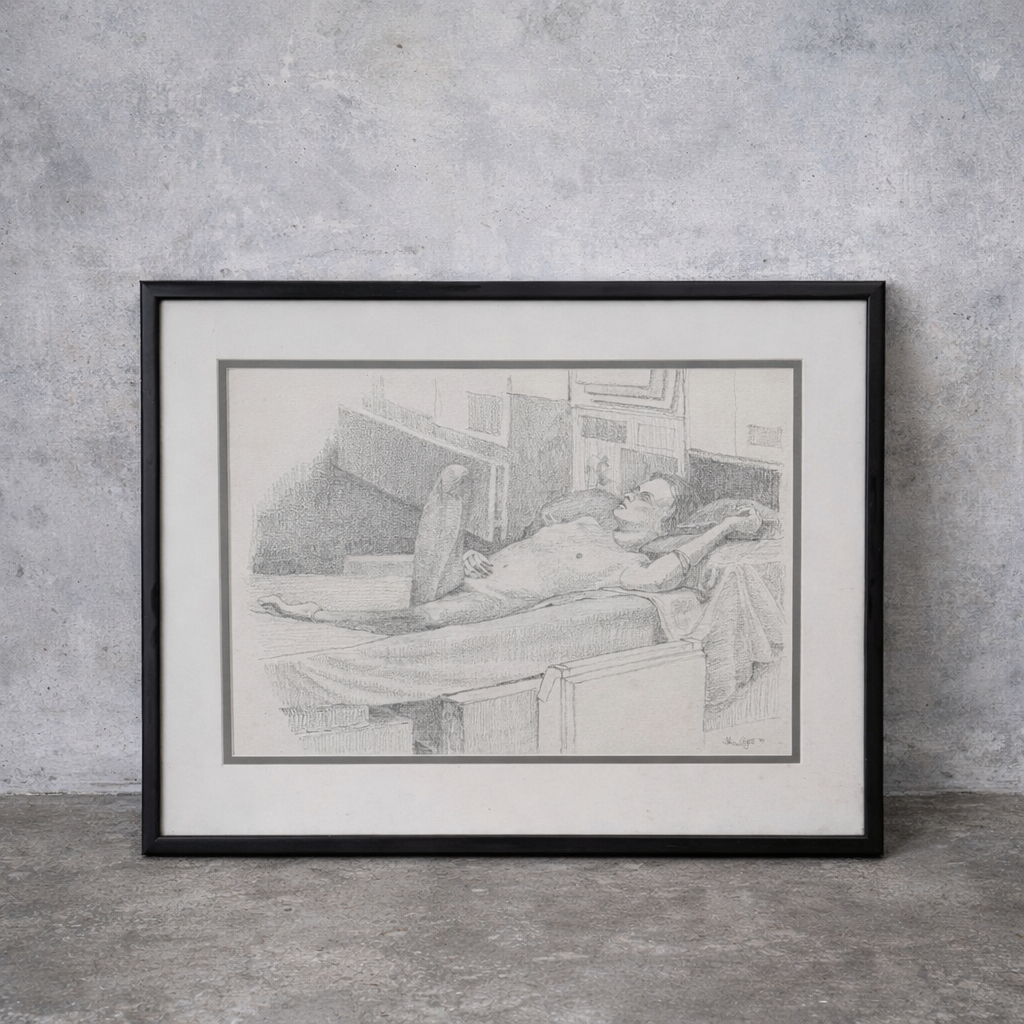 Vintage Framed Figurative Pencil Drawing – 1990s Nude Study Sketch Artwork