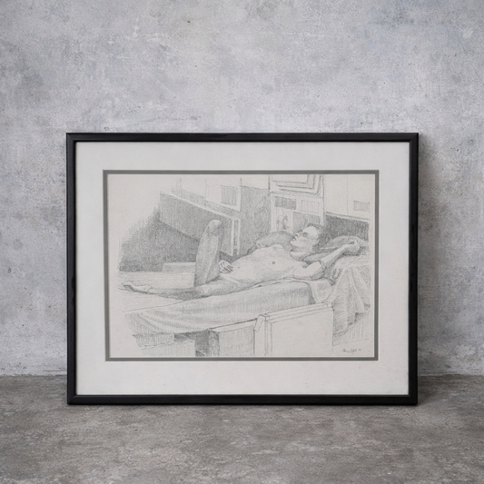 Vintage Framed Figurative Pencil Drawing – 1990s Nude Study Sketch Artwork