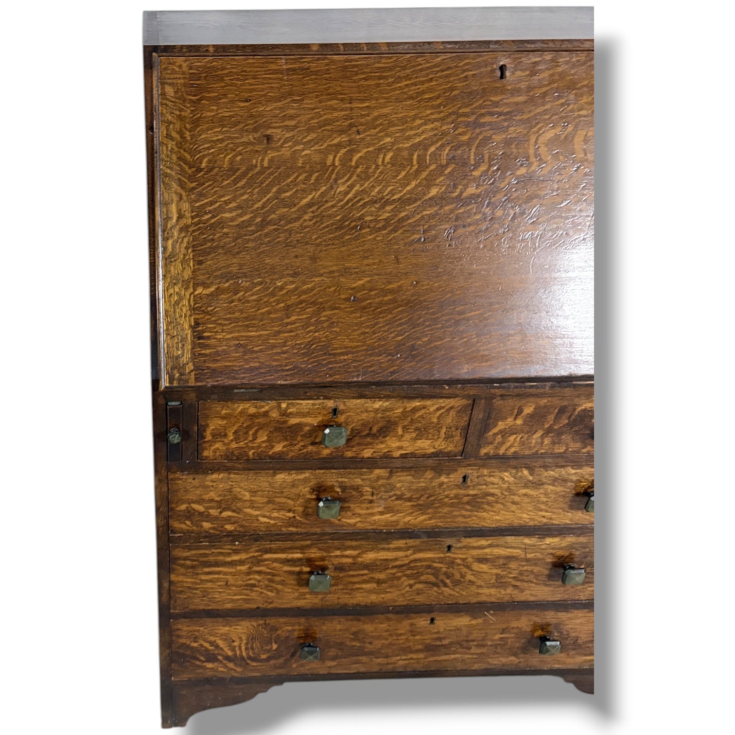 Arts & Crafts Bureau Desk – Quartersawn Oak Fall-Front Writing Surface With Drawers — view 6