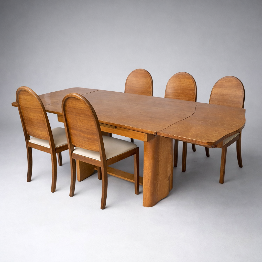 Art Deco Walnut Draw-Leaf Extending Dining Table & Chairs