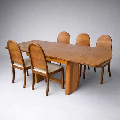 Art Deco Walnut Draw-Leaf Extending Dining Table & Chairs