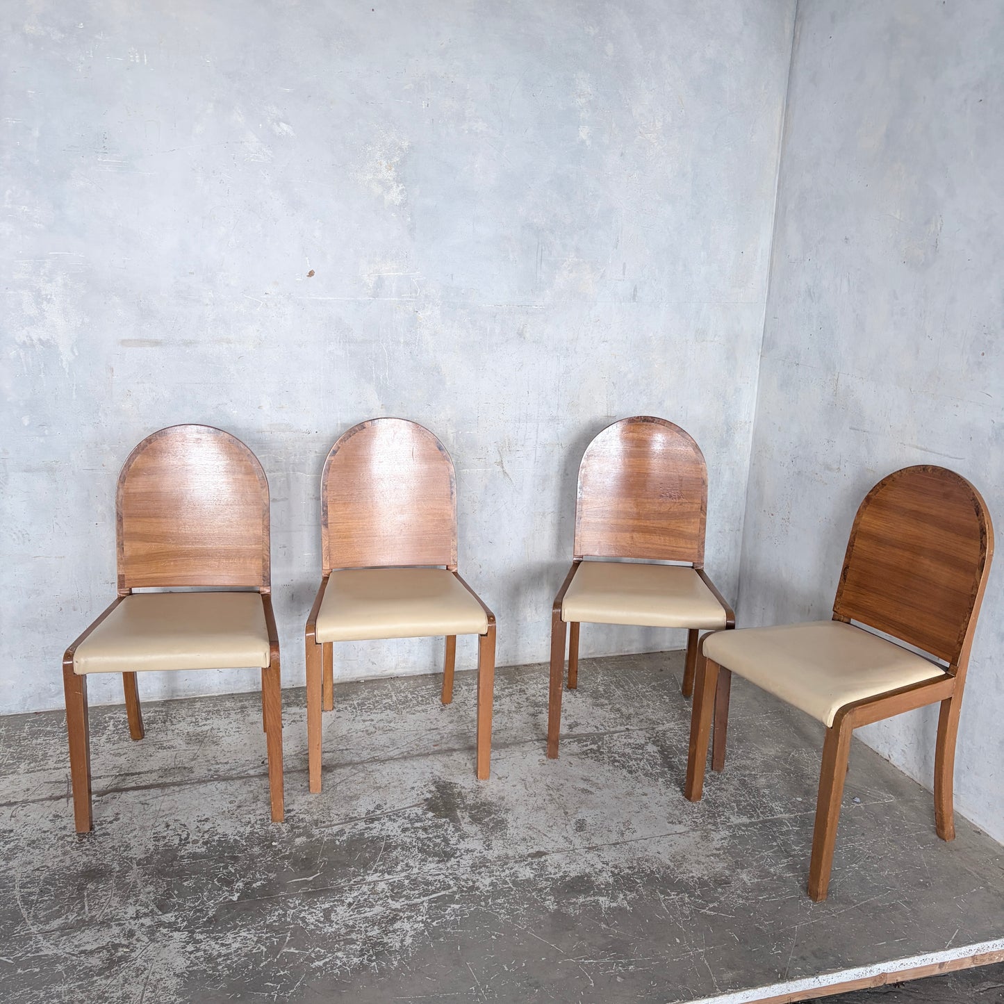 Set of Four Art Deco Burr Walnut Dining Chairs with Cream Upholstered Seats