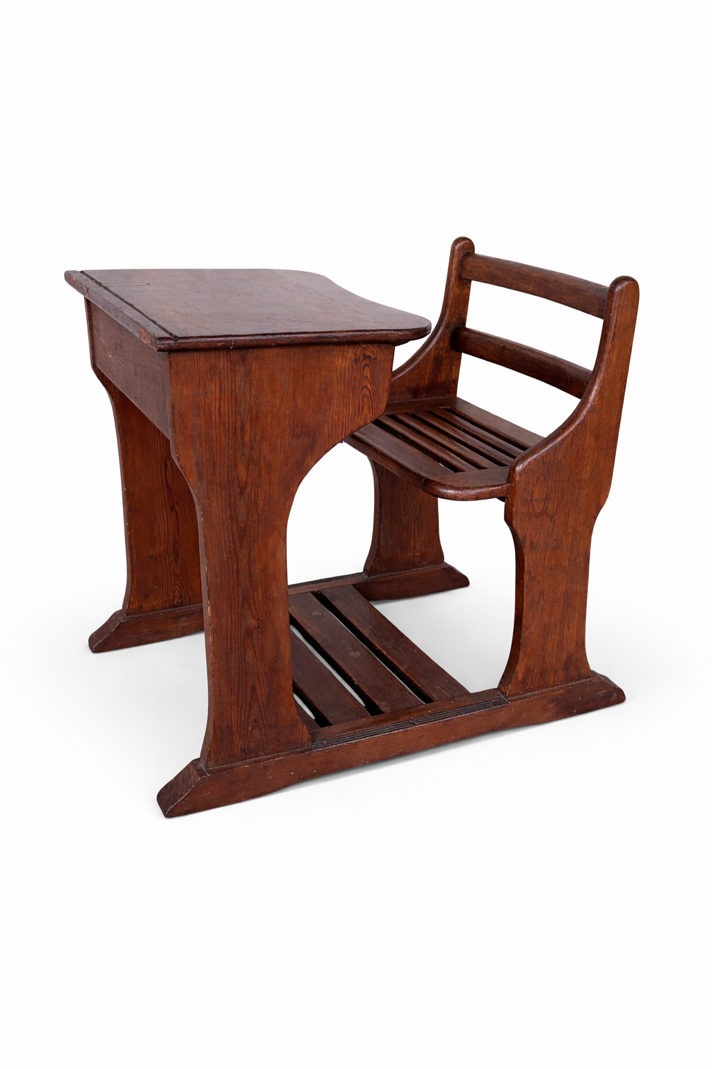 Antique Pine School Desk with Attached Bench