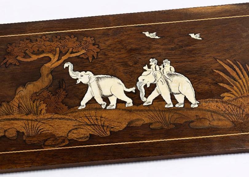 Vintage 1960s Indian Rosewood Inlaid Elephant Wall Panel
