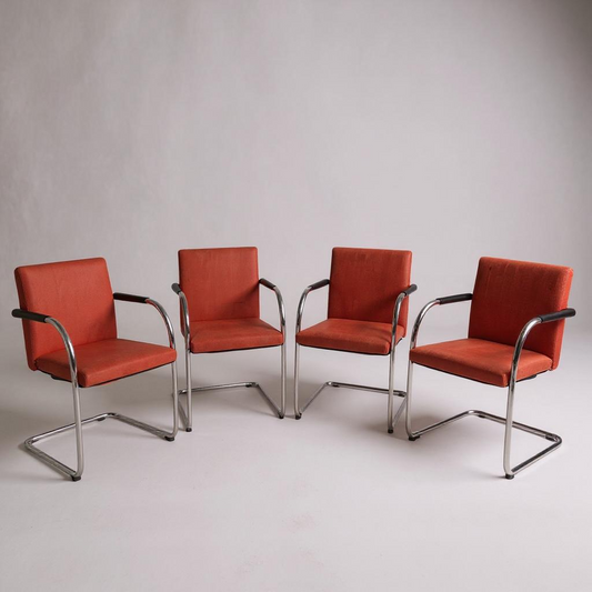 Vintage Vitra Chairs – Set of 4 Visasoft Dining Meeting Chairs | Dark Red Fabric & Chrome Frame